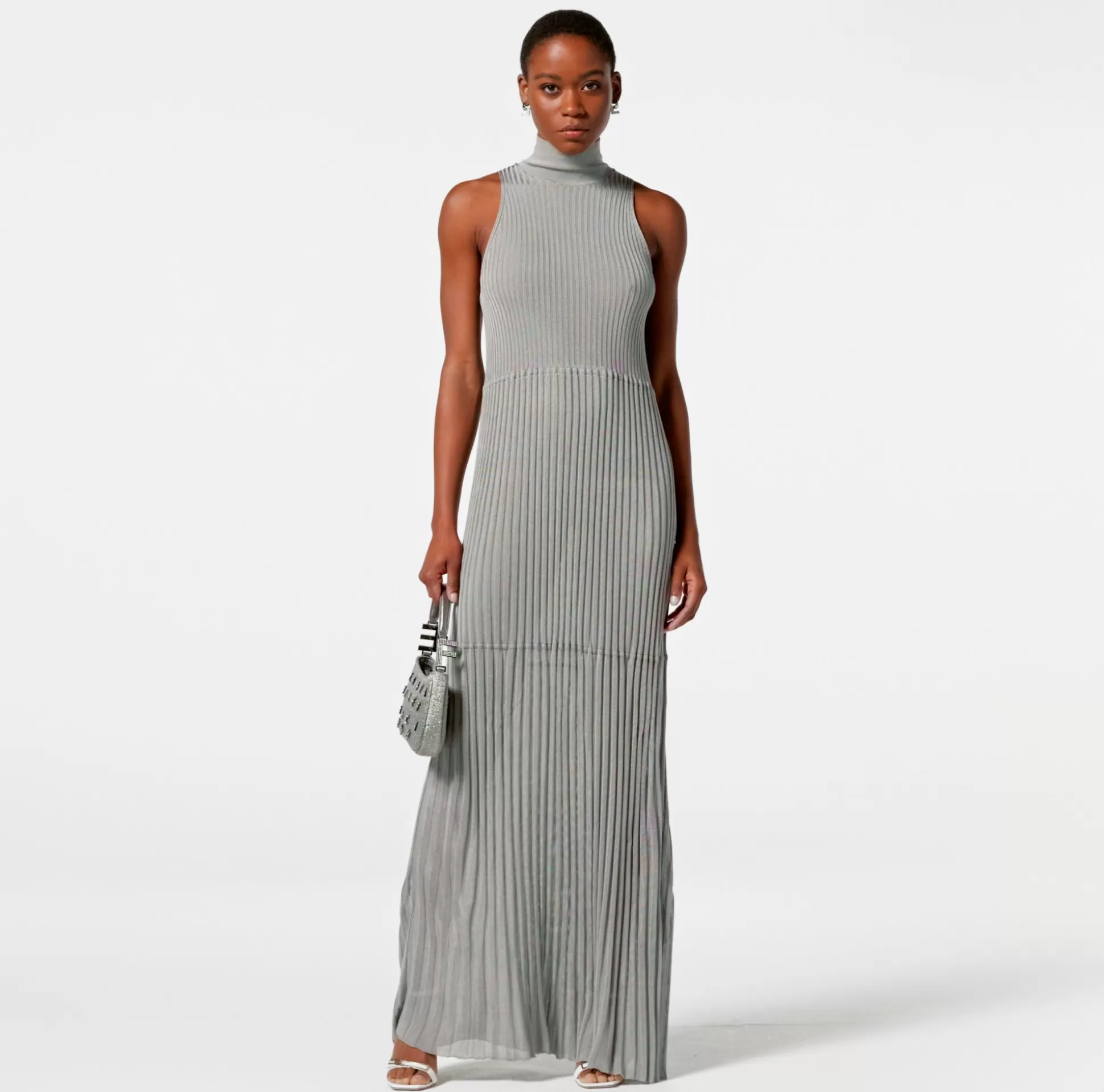 Elisabetta Franchi Abiti^Abito Lungo In Viscosa Lucida A Coste Con Scollo All'Americana