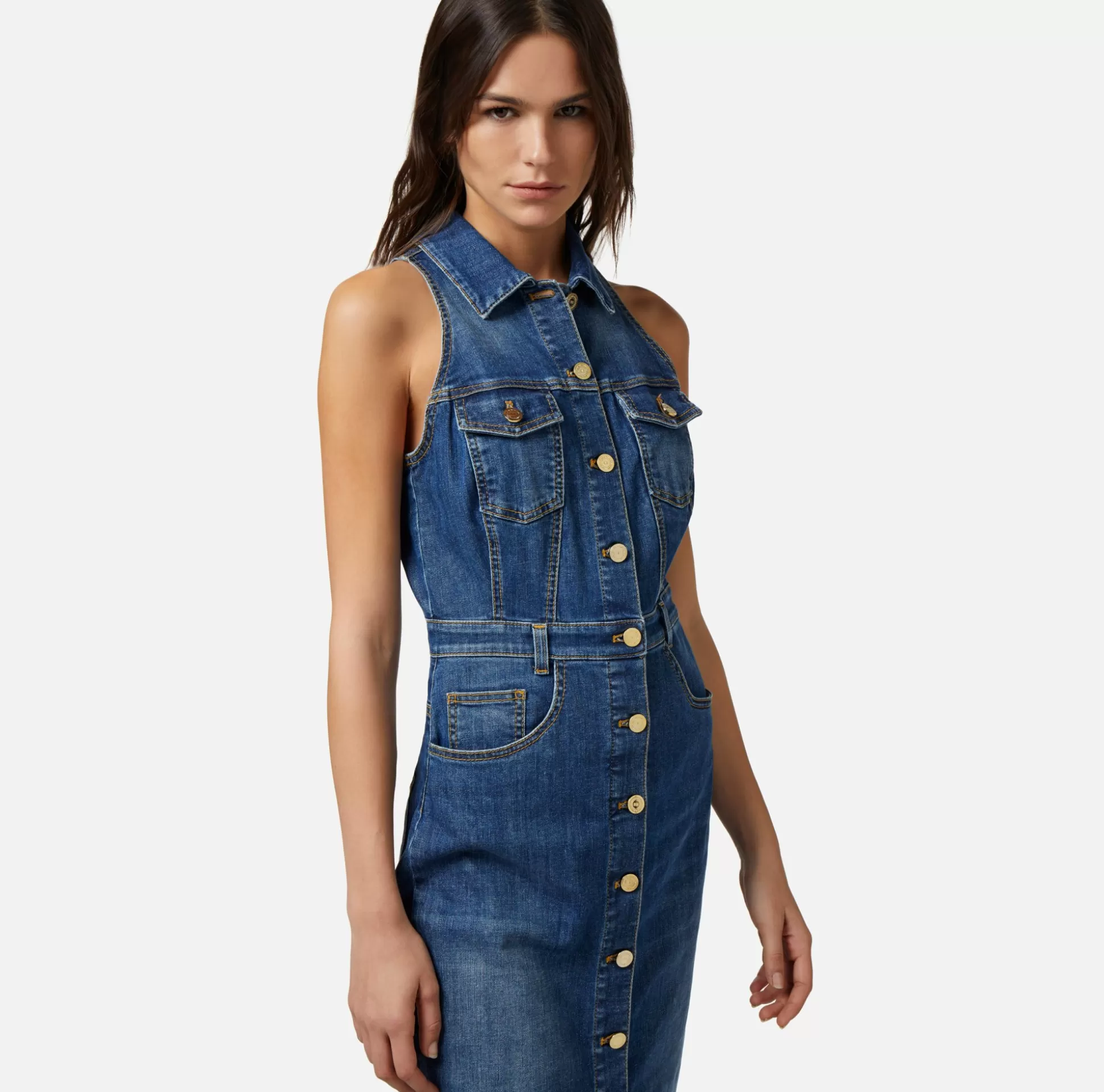 Elisabetta Franchi Abiti^Abito Midi In Denim Con Abbottonatura