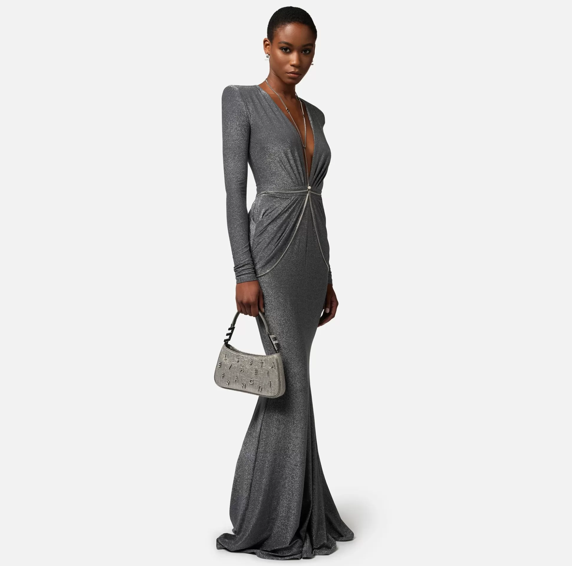 Elisabetta Franchi Borse A Spalla^Borsa A Spalla In Tweed Lurex Con Lettering Di Strass