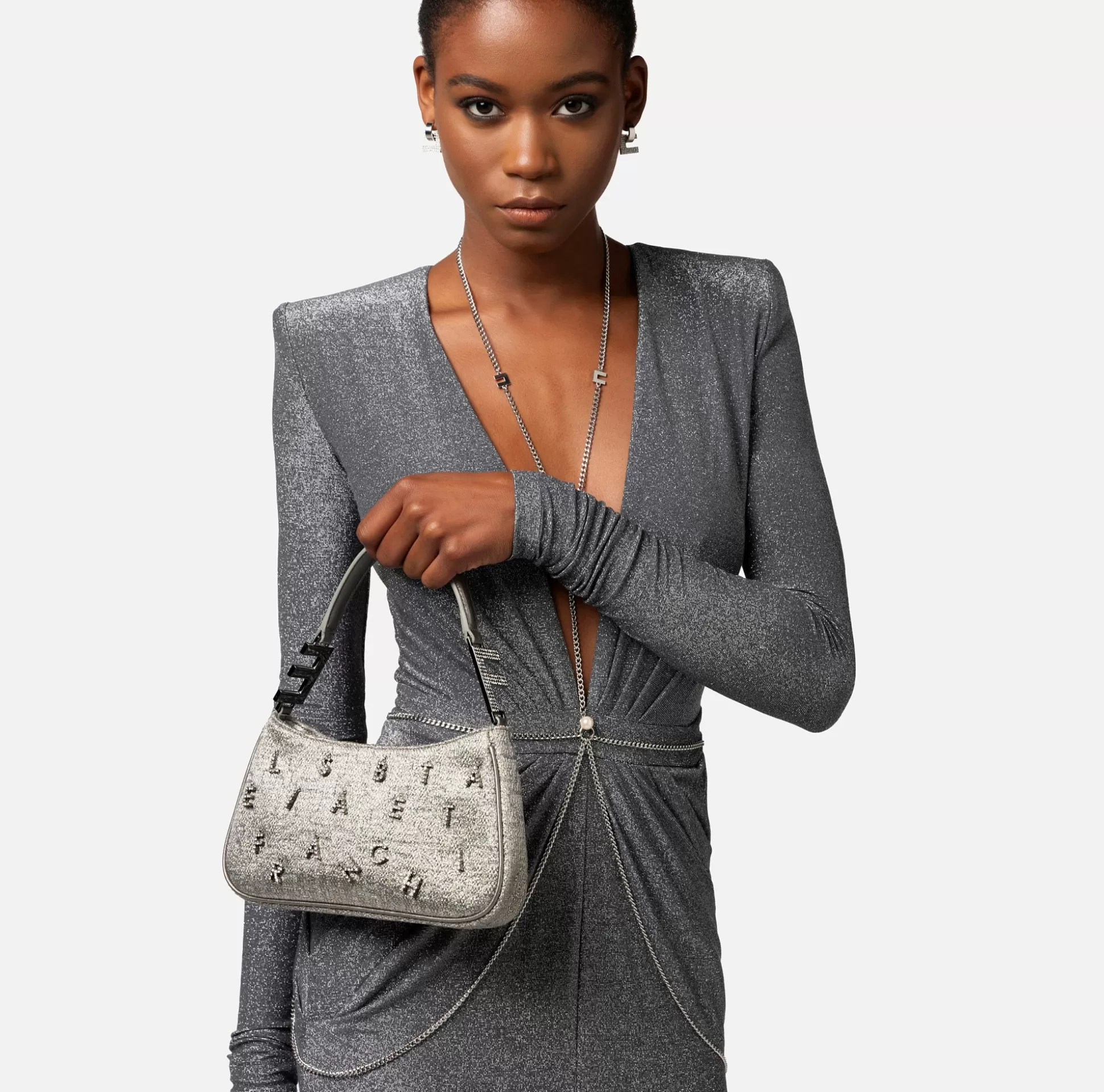 Elisabetta Franchi Borse A Spalla^Borsa A Spalla In Tweed Lurex Con Lettering Di Strass