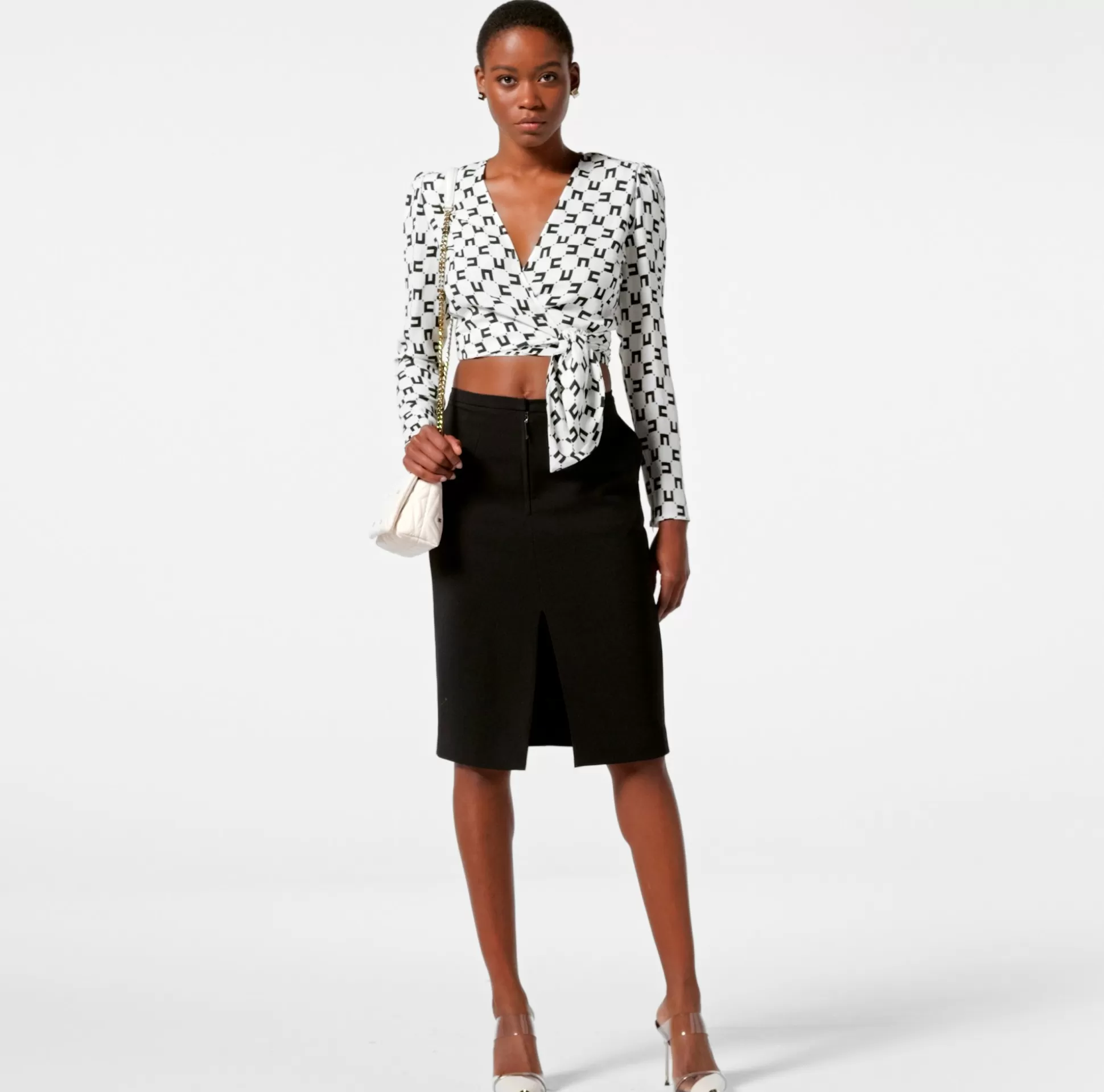 Elisabetta Franchi Camicie E Bluse^Camicia Cropped In Georgette Di Viscosa Stampa Logo Con Nodo
