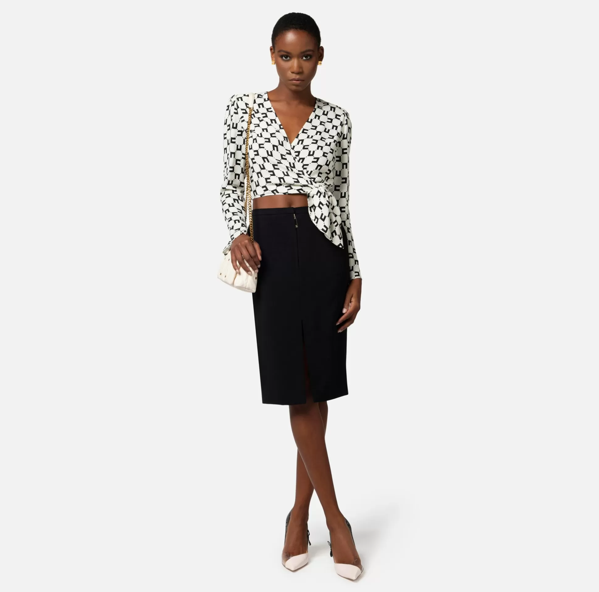 Elisabetta Franchi Camicie E Bluse^Camicia Cropped In Georgette Di Viscosa Stampa Logo Con Nodo