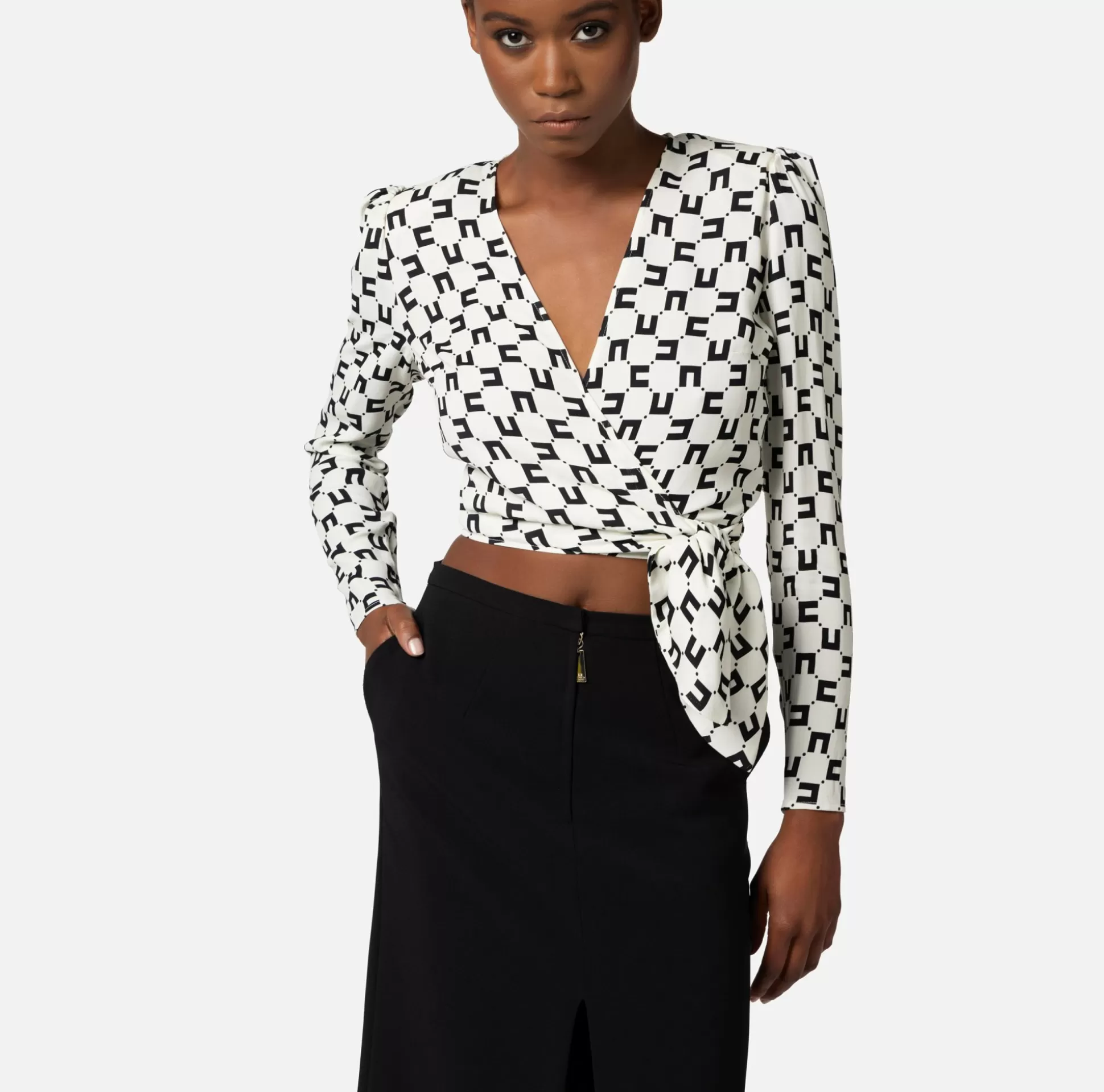 Elisabetta Franchi Camicie E Bluse^Camicia Cropped In Georgette Di Viscosa Stampa Logo Con Nodo