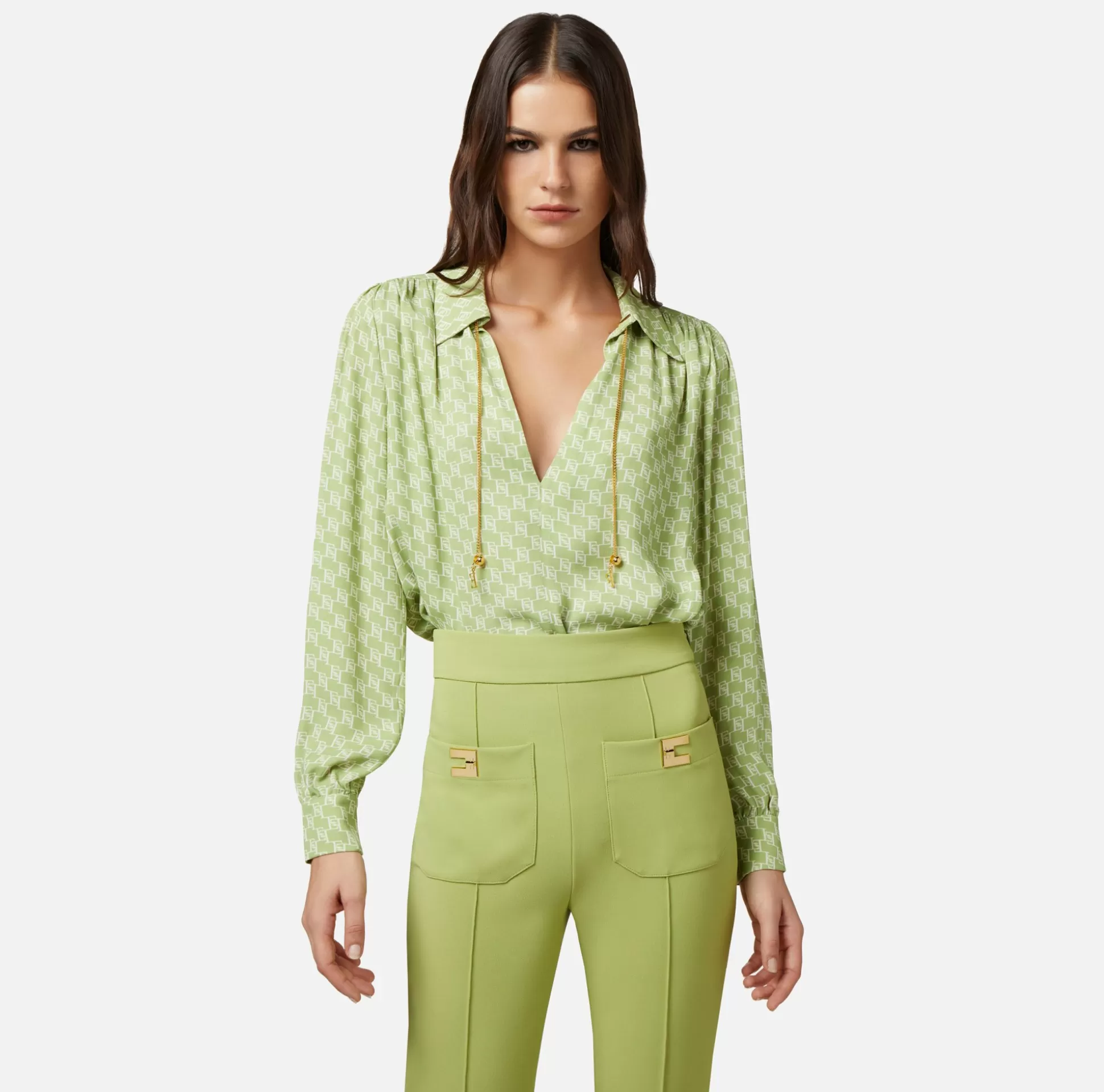 Elisabetta Franchi Camicie E Bluse^Camicia In Georgette Di Viscosa Stampa Logo Con Accessorio Sul Collo