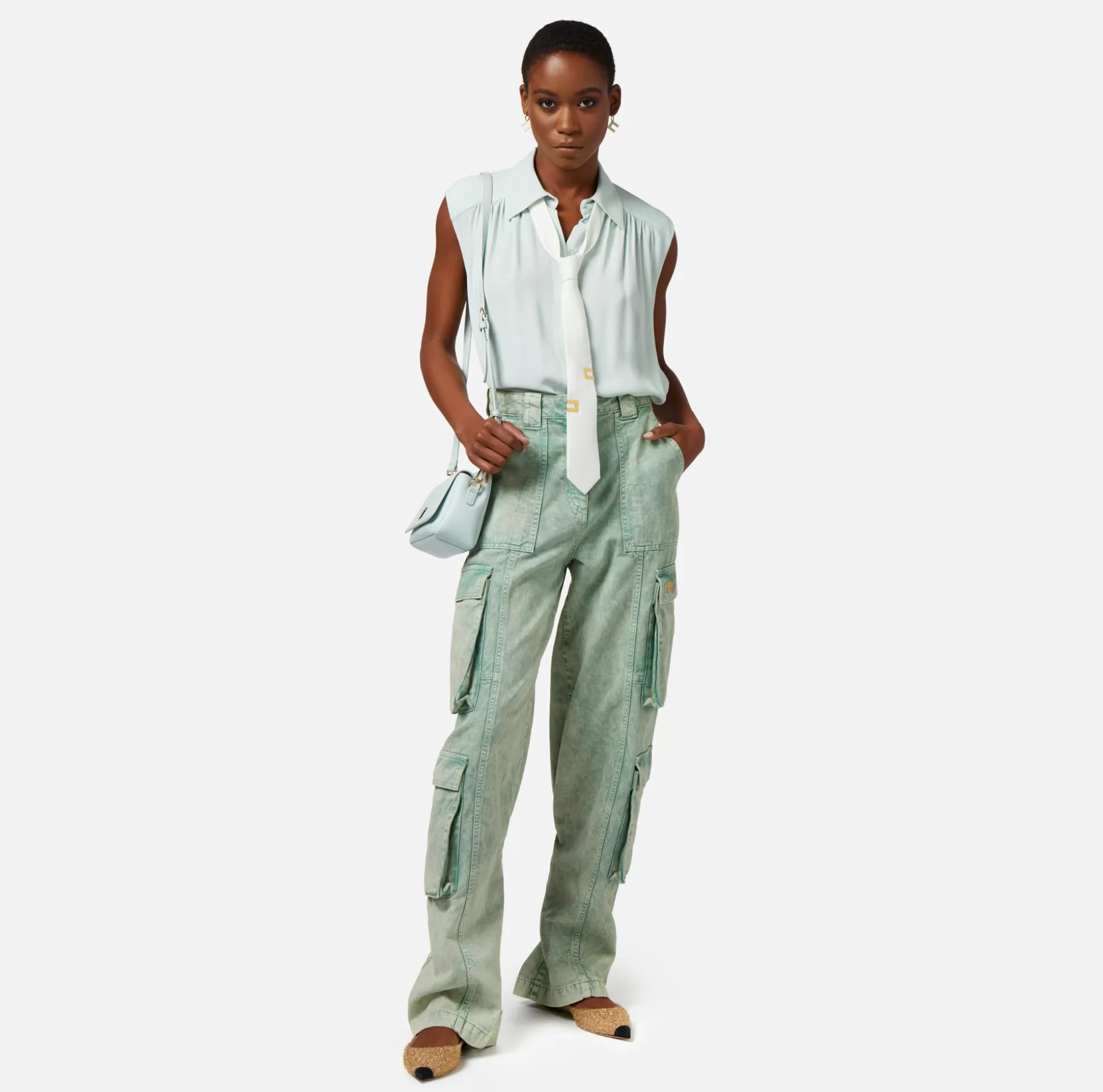 Elisabetta Franchi Camicie E Bluse^Camicia Svasata In Georgette Di Viscosa Con Cravatta Lettering