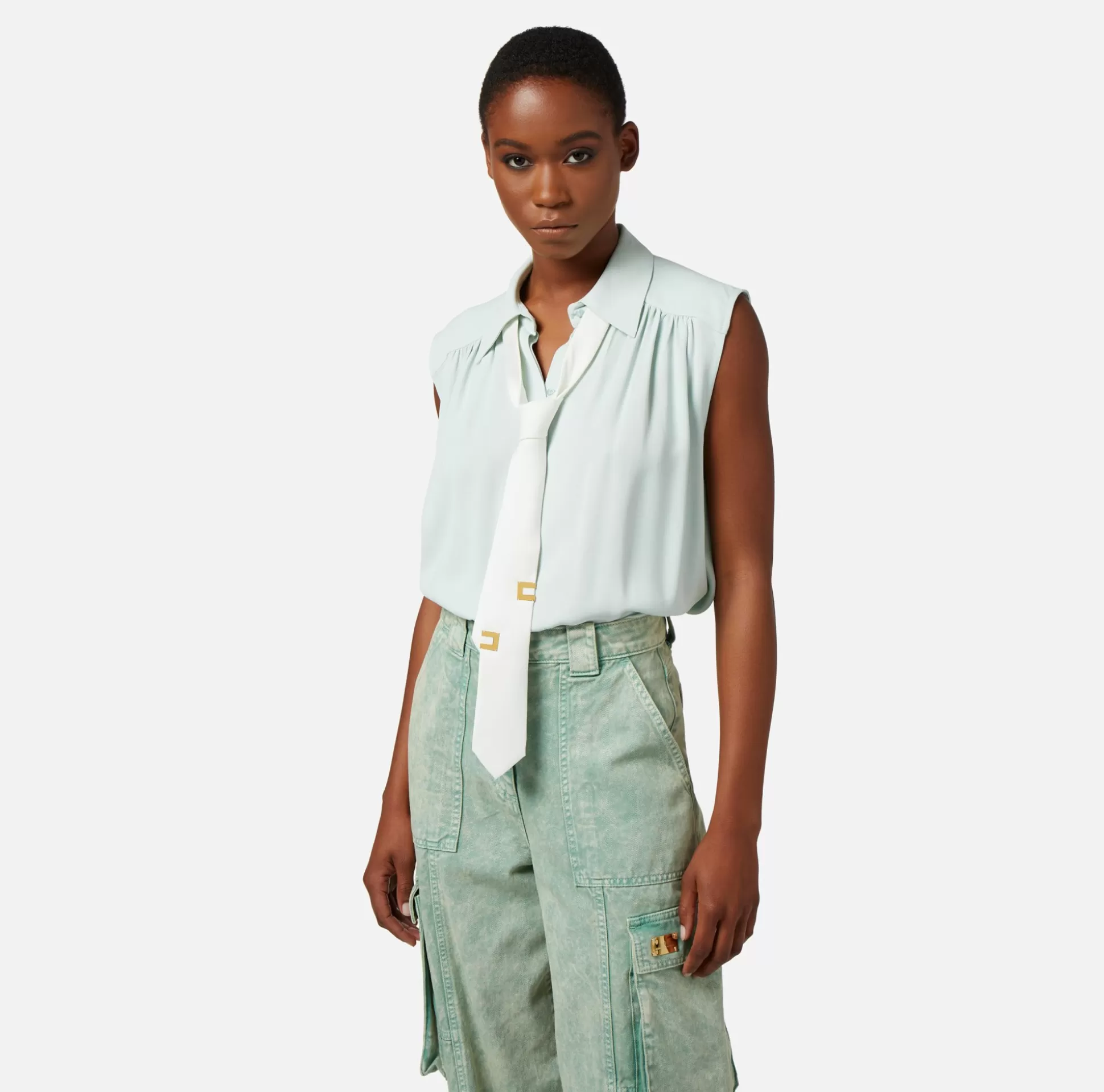 Elisabetta Franchi Camicie E Bluse^Camicia Svasata In Georgette Di Viscosa Con Cravatta Lettering