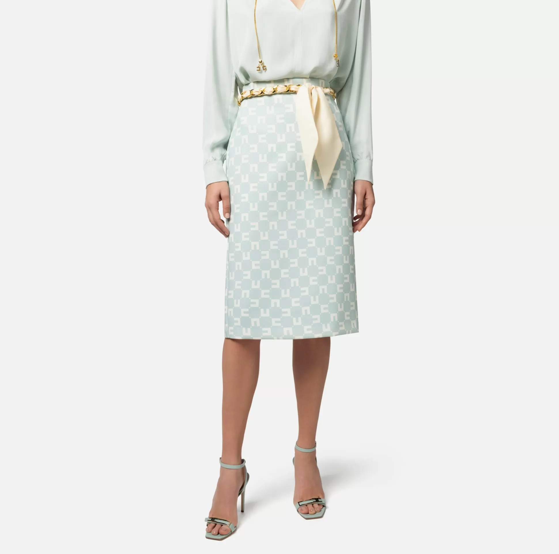 Elisabetta Franchi Gonne^Gonna Midi In Crepe Stretch Stampa Logo Con Cintura Foulard