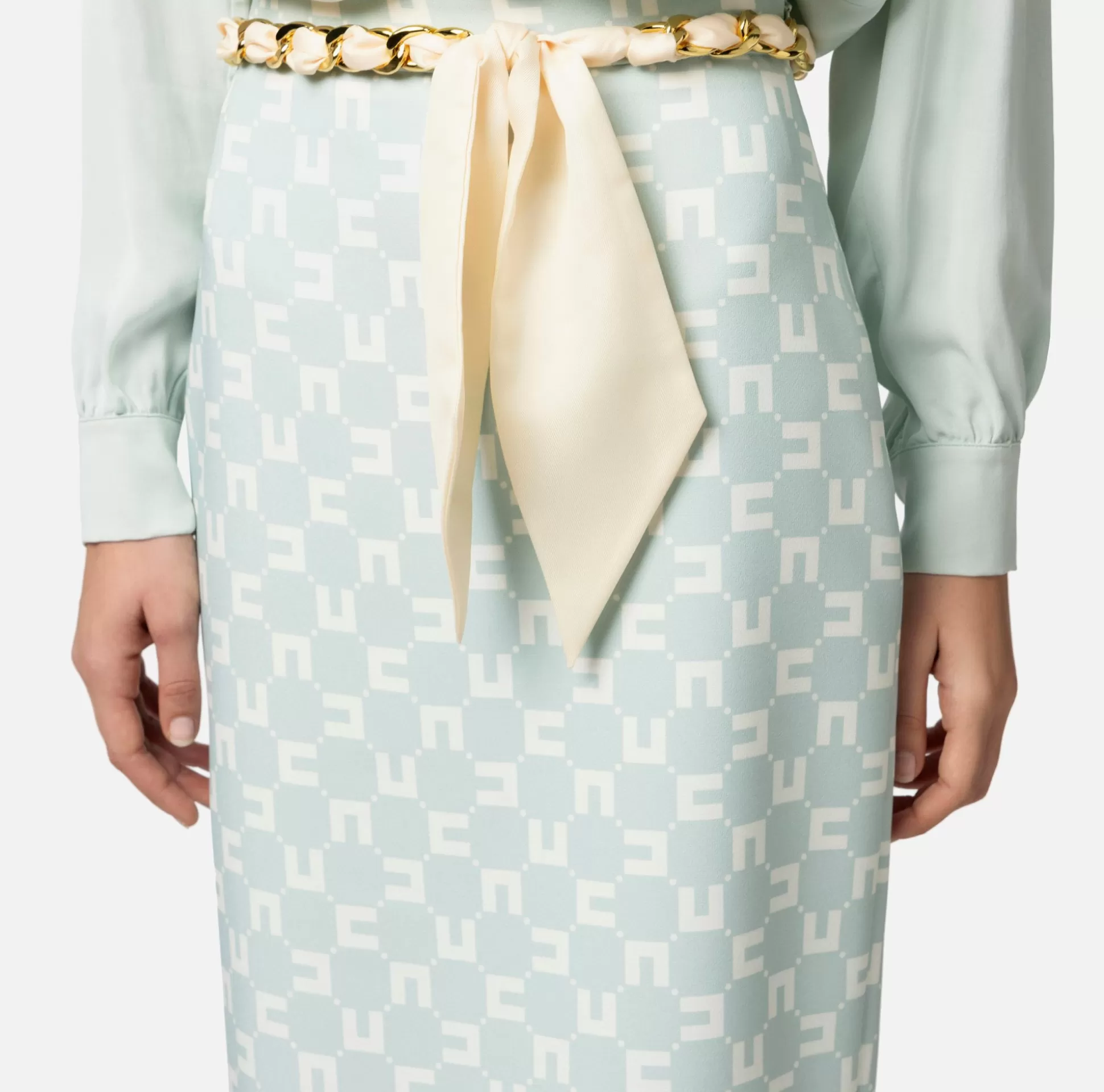 Elisabetta Franchi Gonne^Gonna Midi In Crepe Stretch Stampa Logo Con Cintura Foulard