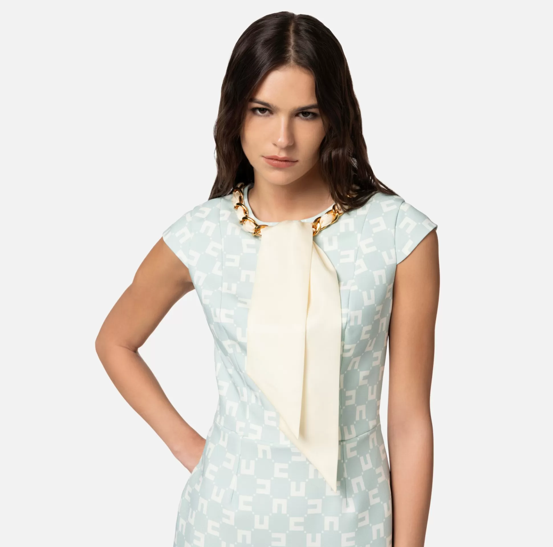 Elisabetta Franchi Abiti^Miniabito In Crepe Stretch Stampa Logo Con Foulard Sullo Scollo