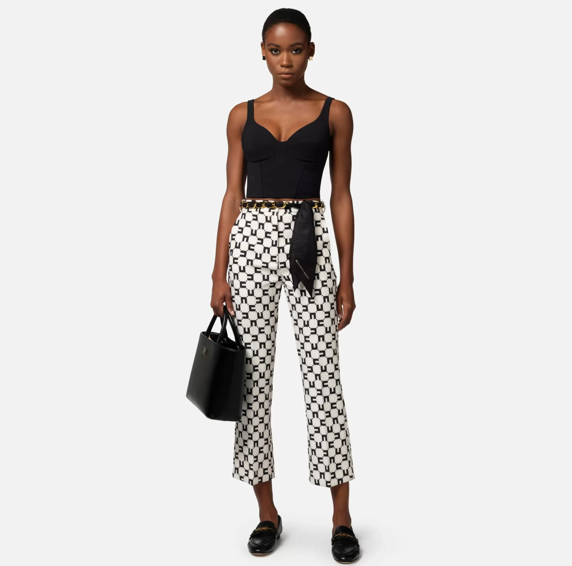 Elisabetta Franchi Pantaloni E Shorts^Pantalone A Zampetta In Crepe Stretch Stampa Logo Con Cintura Foulard