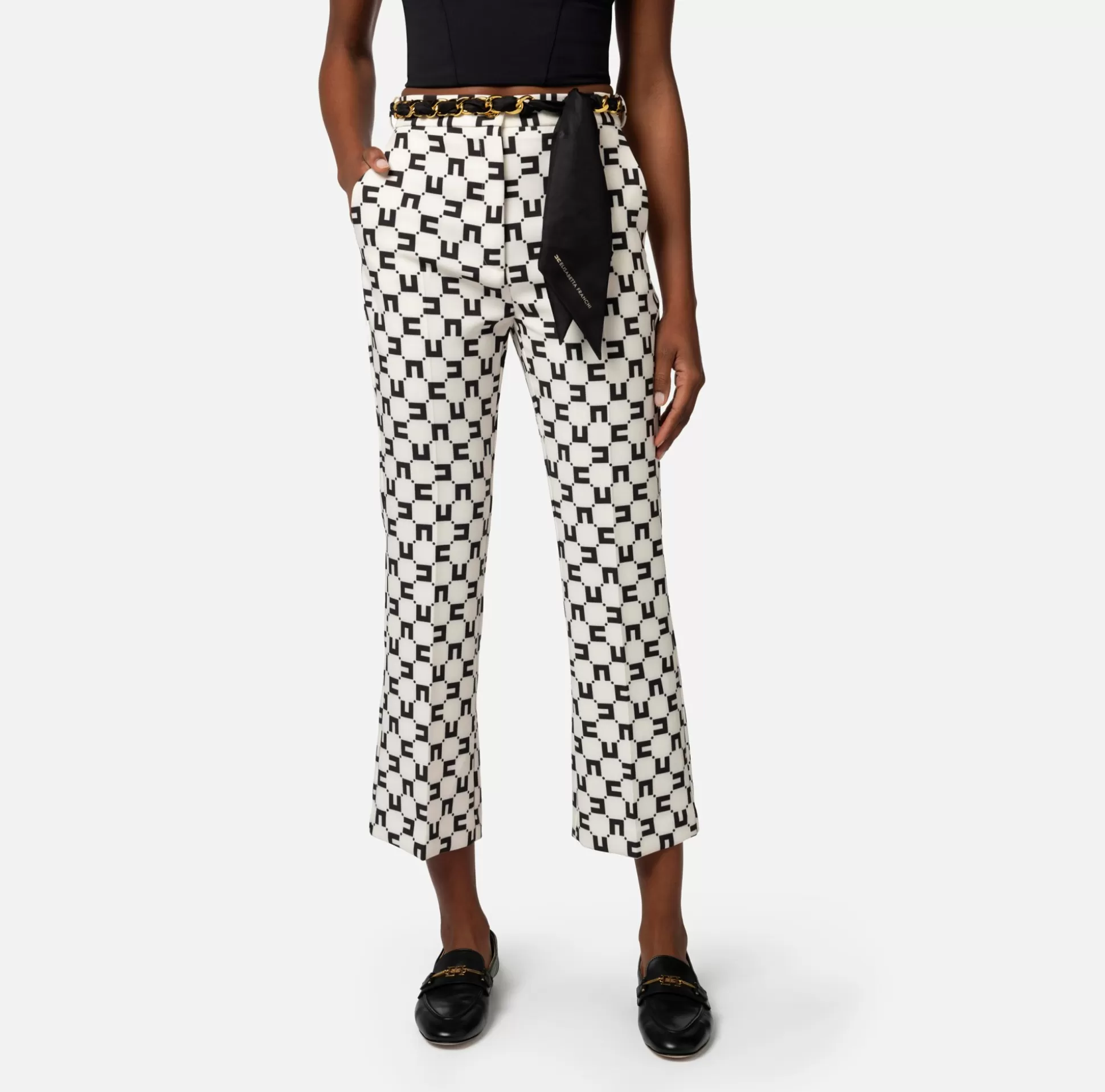 Elisabetta Franchi Pantaloni E Shorts^Pantalone A Zampetta In Crepe Stretch Stampa Logo Con Cintura Foulard