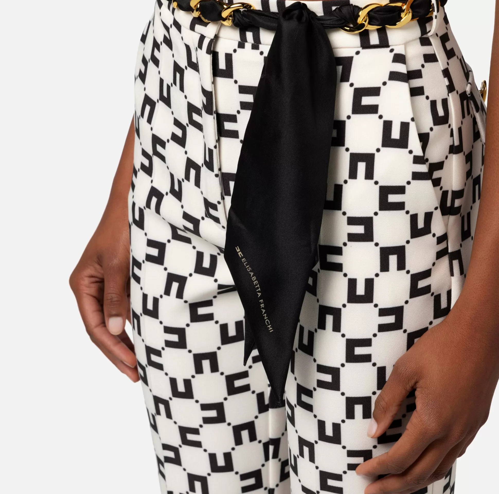Elisabetta Franchi Pantaloni E Shorts^Pantalone A Zampetta In Crepe Stretch Stampa Logo Con Cintura Foulard