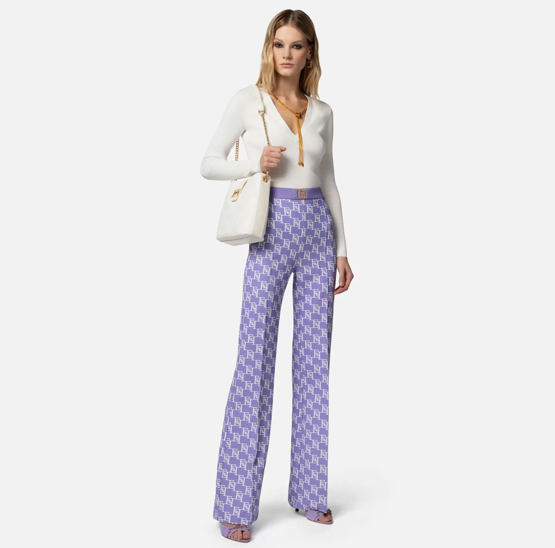 Elisabetta Franchi Pantaloni E Shorts^Pantalone Palazzo In Crepe Stretch Stampa Logo