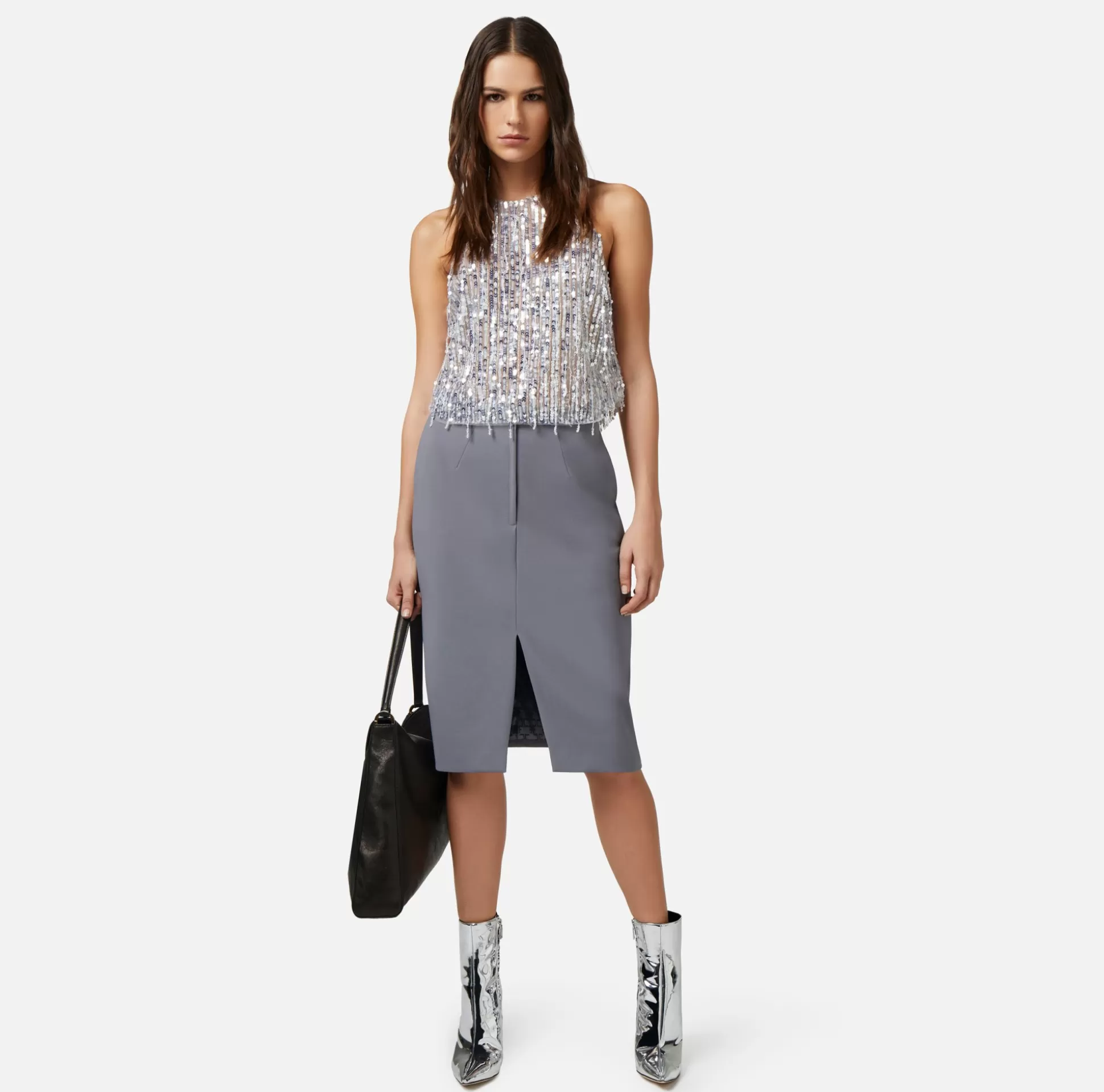 Elisabetta Franchi Top, T-Shirt & Body^Top Cropped In Tulle Con Frange Di Perline E Paillettes